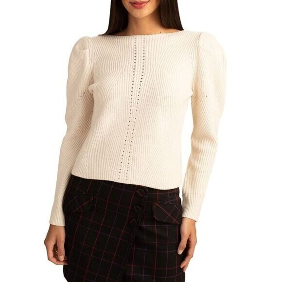 💕TRINA TURK💕 Dalhart Sweater ~ Ecru 100% Ribbed Knit Merino Wool Medium - Picture 3 of 12